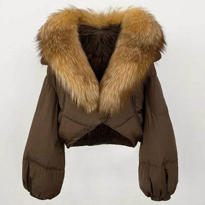 Winter Female White Duck Down Jacket Luxury Loose Short Fashion Casual Women Warm Real Fox Fur Coat Long Sleeve Puffer Jacket