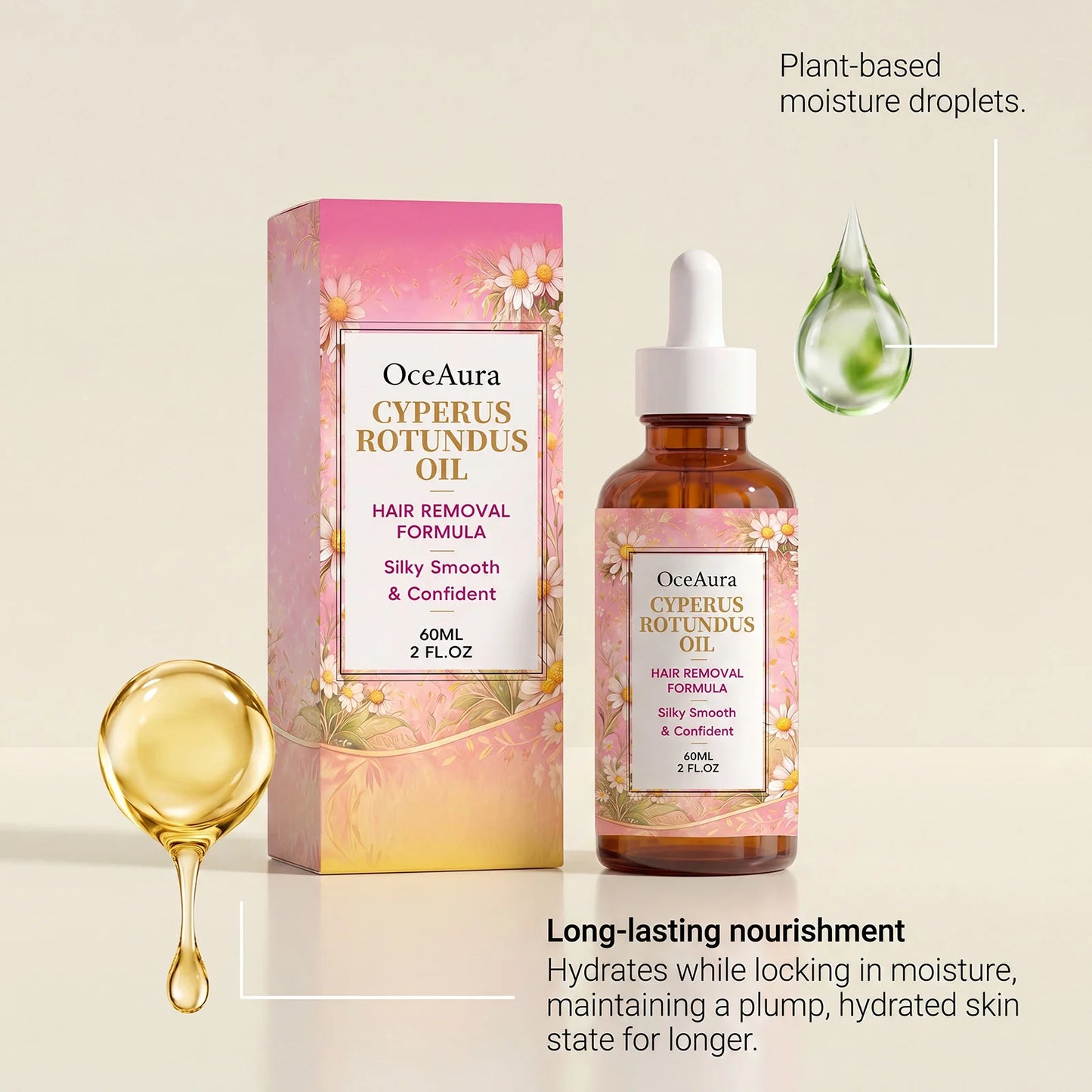 OceAura Cyperus Rotundus Hair Removal Oil Lightweight Non Greasy Gentle Soothing Moisturizing Silky Smooth Hair Reduction Oil