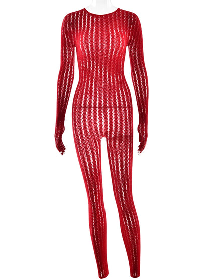 Sibybo Sheer Hollow Out Jumpsuits Women Summer Round Neck Long Sleeve High Stretch One Piece Jumpsuit Rompers Thin Sexy Overalls