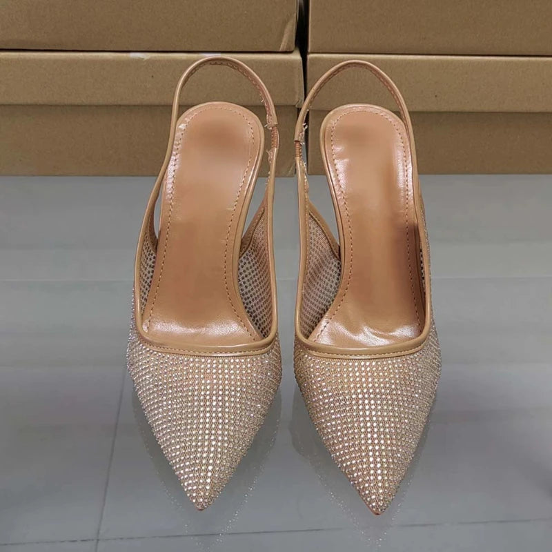 Luxury Brand Women Summer Shoes Pointed Toe Bright Rhinestone Design Mesh High Heeled Elegant Party Nightclub Shoes for Ladies