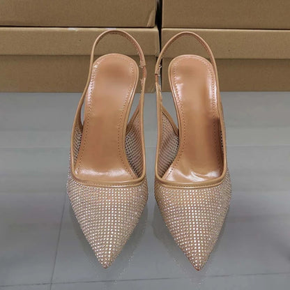 Luxury Brand Women Summer Shoes Pointed Toe Bright Rhinestone Design Mesh High Heeled Elegant Party Nightclub Shoes for Ladies