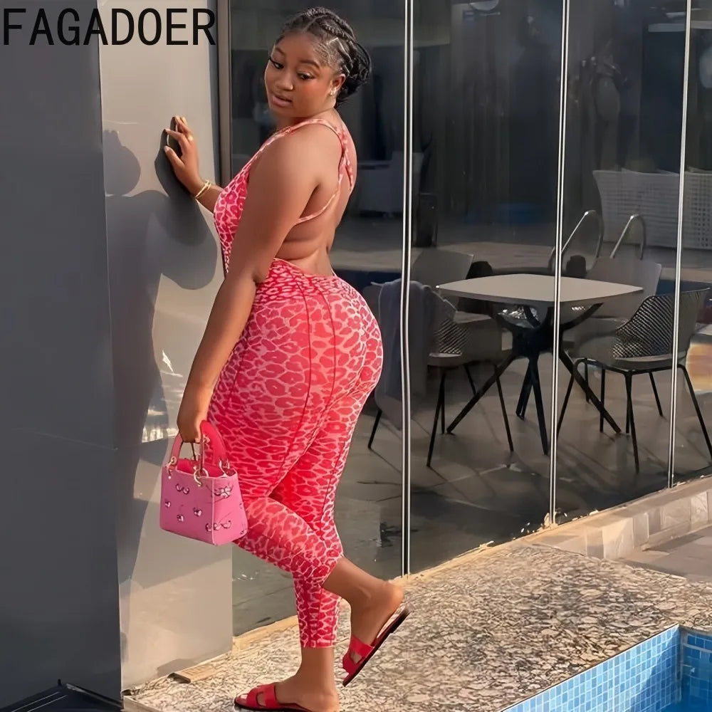 FAGADOER Y2K Sexy Leopard Print Bodycon Jumpsuit Women Halter Sleeveless Deep V Backless Long Romper Streetwear Club Night Party