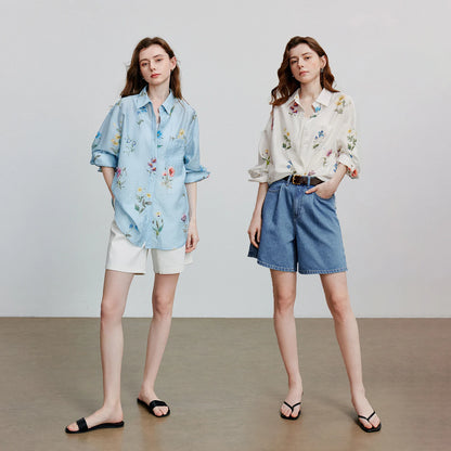 TOYOUTH Women Shirts 2026 Summer New Linen Lyocell Print Fresh Mid Length Floral Blouse Tops