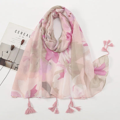 2025 Japanese Boho Linen Scarf: Vintage Floral Print Patchwork Shawl - Sun Protection Fringe Wrap Women