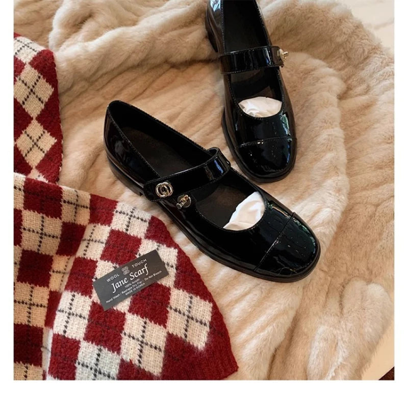 Women Two Tone Mary Jane Shoes 2026 New Patent Leather Buckle Strap Low Heel Casual Shoes For Office And Daily Wear Elegant