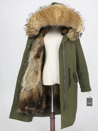 Real Fur Coat Winter Jacket Women Long Parka Waterproof Big Natural Raccoon Fur Collar Hood Thick Warm Real Fox Fur Liner coat