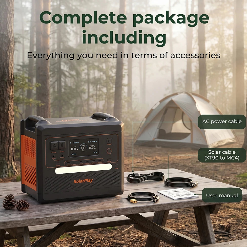 SOLARPLAY Q2402M Portable Energy Storage Power Station 2500W 2304Wh LiFePO4 Battery Support Foldable Solar Panel Charging Multi AC Output for Camping RV Home Off-Grid Power Supply