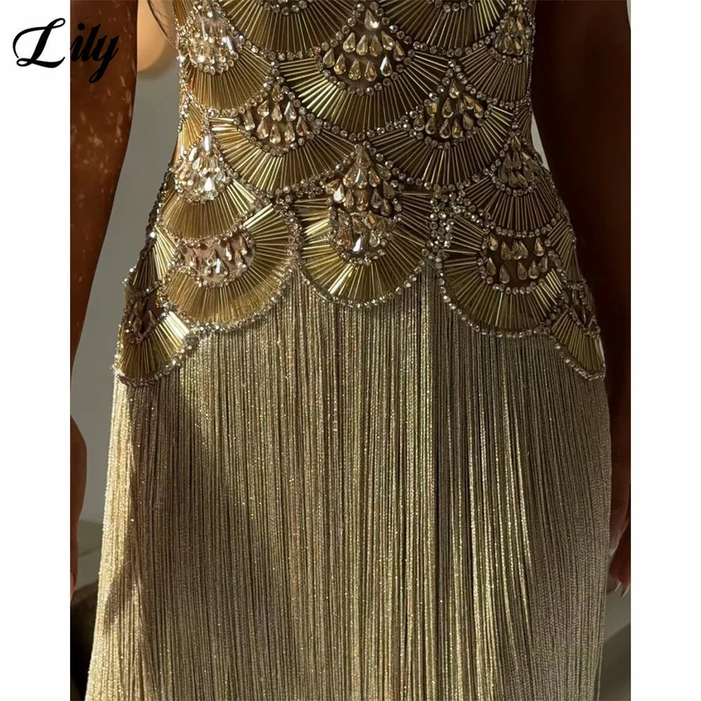 Lily Gold Evening Dress High Neck Cap Sleeve Party Dress Crystal Mermaid Vestidos De Fiesta Tassel Luxury Prom Gowns Customized