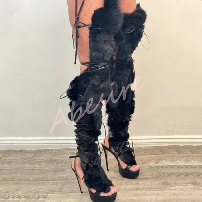 Black Faux Fur Lace Up Long Platform Shoes Round Toe Stiletto Cross Strap Sandals Women'S Sexy Nightclub Party Furry High Heels