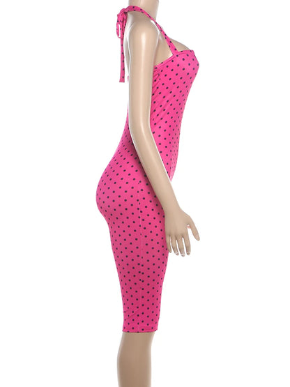 Weird Puss Sexy Backless Rompers Woman Polka Dot Print Bandage Halter Sleeveless Skinny Peach Hip High Street Fashion Playsuits