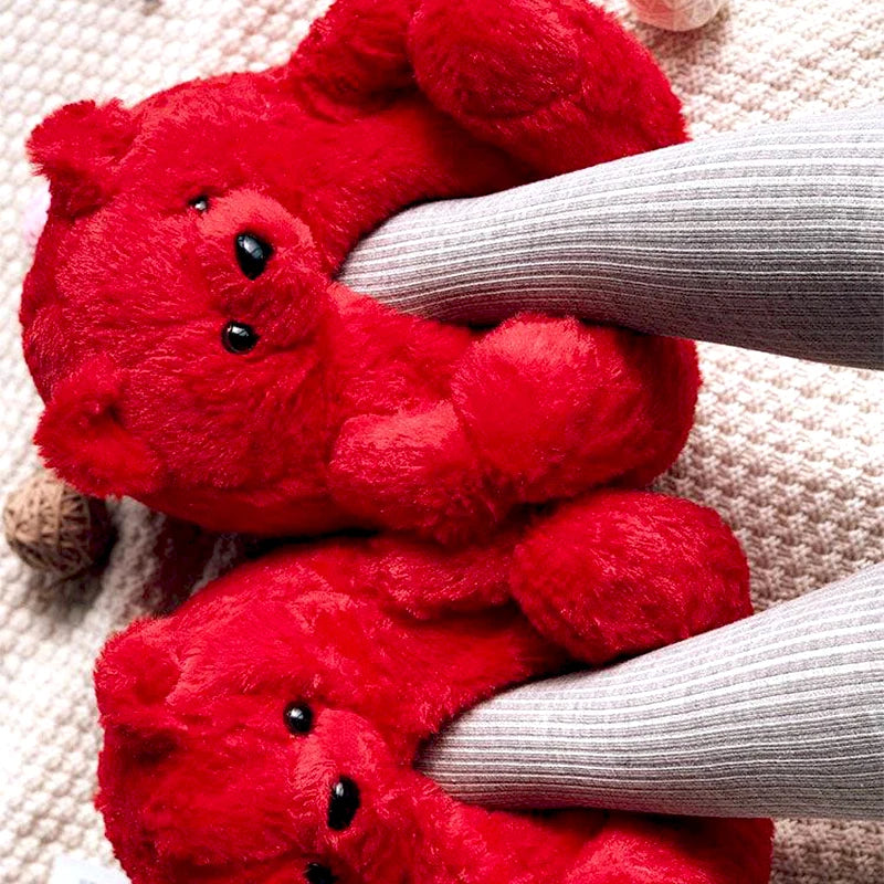 Cute Teddy Bear Plush Winter Slippers, Wrapped Heel Funny Indoor Floor Shoes, Women Gift, Warm Soft Cartoon Fluffy Animal Slippe