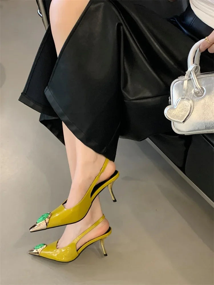 Aneikeh Street Style Design Metal Square Head Diamonds Woman Pumps Sandals Elegant Sexy Low-heel Banquet Prom Slingbacks Shoes
