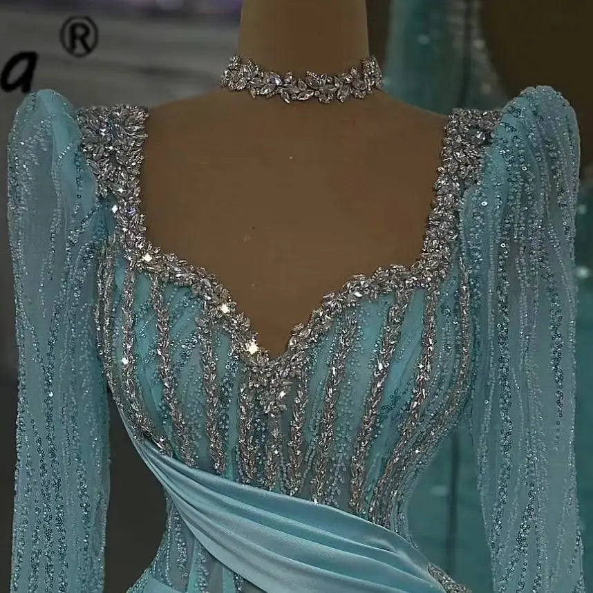 Sparky Mint Green Mermaid Prom Dress Crystal Sequins Evening Party Dresses Long Sleeve Side Train Soiree Wedding Reception Gown