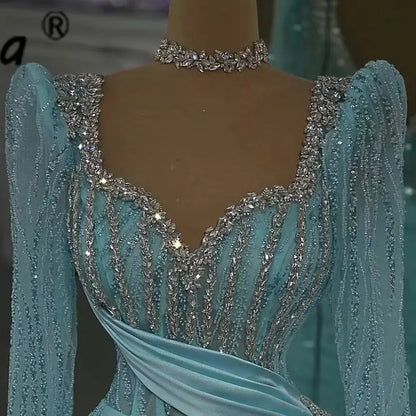 Sparky Mint Green Mermaid Prom Dress Crystal Sequins Evening Party Dresses Long Sleeve Side Train Soiree Wedding Reception Gown