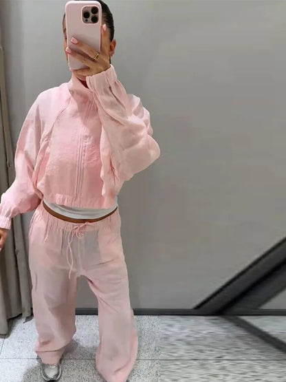 Stand Collar Thin Cropped Coats Pants Suits Women Street Lantern Long Sleeve Zipper Loose Tops Drawstring Wide Leg Trousers Sets
