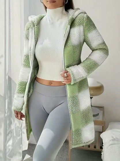 Womens Coats Winter Manteau Winter Warm Plush Pocket Coat Womens Plaid Print Hooded Long Zip Cardigan Sobretudo Feminino Inverno