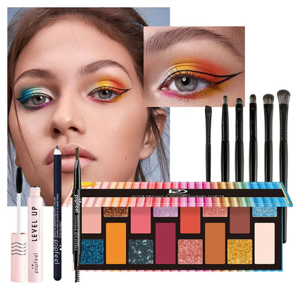 Essential Eye Makeup Set for Beginners Matte&Shimmer Eyeshadow Palette, Mascara, Eyebrow Pencil, Lip Eyeliner,Brush Tool Set Box