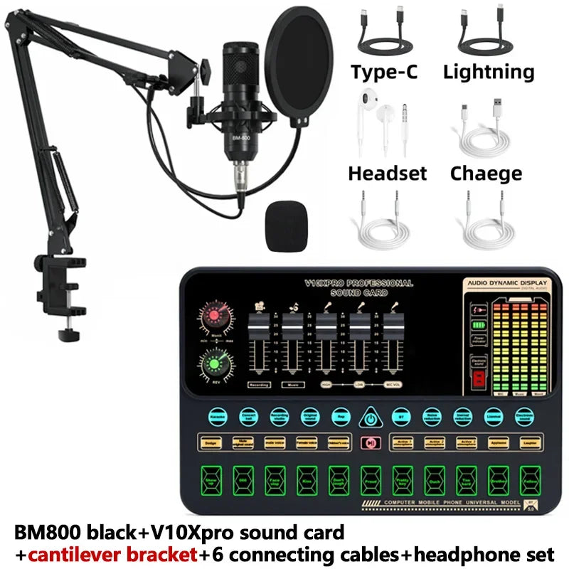 V10XPro Sound Card Studio Mixer Singing Noise Reduction Microphone Voice BM800 Live Broadcast Phone Computer Record V10X Pro set