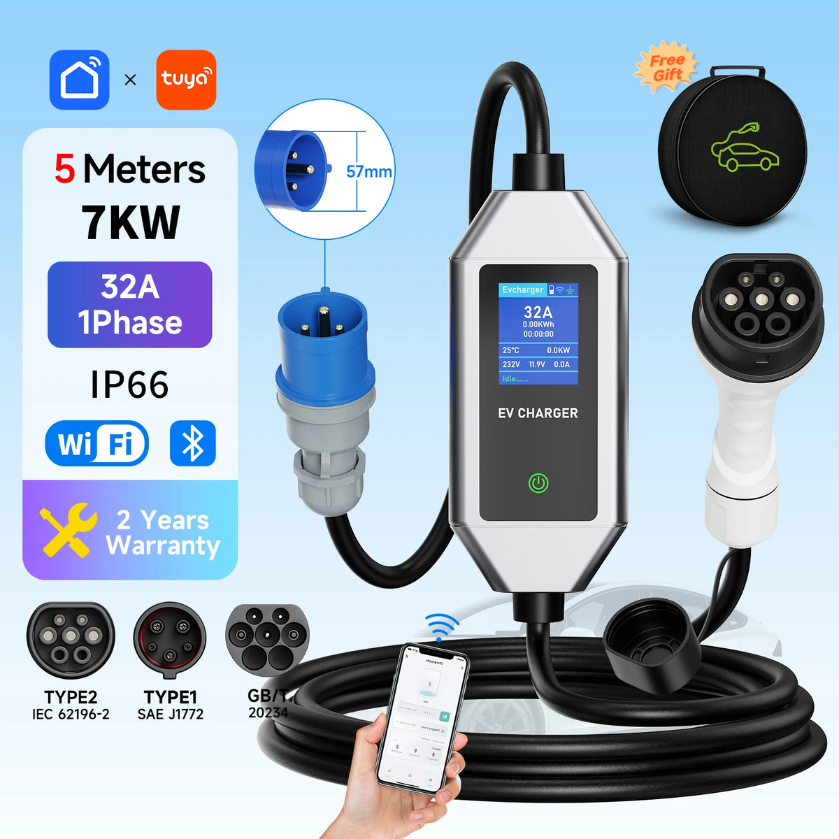 Portable EV Charger 7KW Fast Charging Cable Type2 IEC62196-2 32A with CEE Plug Type1 J1772 WiFi APP Bluetooth Remote Control