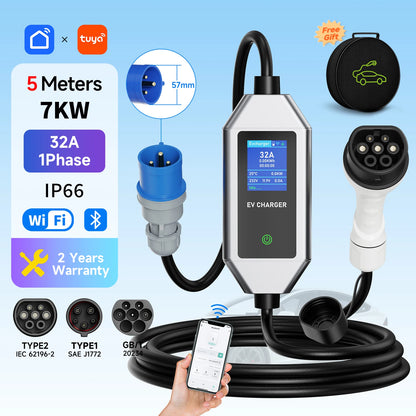 Portable EV Charger 7KW Fast Charging Cable Type2 IEC62196-2 32A with CEE Plug Type1 J1772 WiFi APP Bluetooth Remote Control