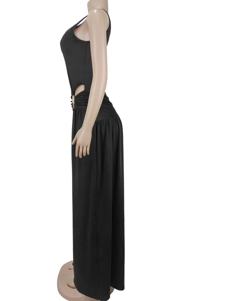 Beyprern Sexy Ruched Wide Leg Jumpsuit Women Elegant High Waist Sleeveless One Piece Outfits Summer Loose Floor Length Rompers
