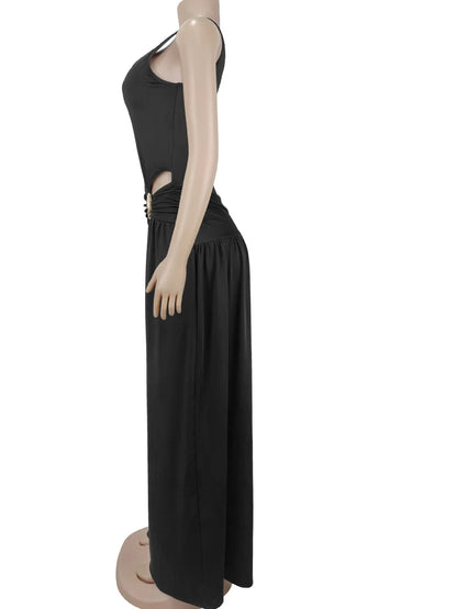 Beyprern Sexy Ruched Wide Leg Jumpsuit Women Elegant High Waist Sleeveless One Piece Outfits Summer Loose Floor Length Rompers
