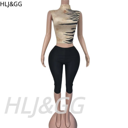 HLJ&GG Autumn Stripe Print Backless One Piece Jumpsuits Women Round Neck Long Sleeveless Slim Playsuits Sexy Overalls Streetwear