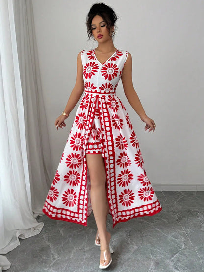 Women's Spring and Summer Beach Vacation Style Casual and Elegant Contrasting Color All-Over Retro Print Sleeveless Jumpsuit