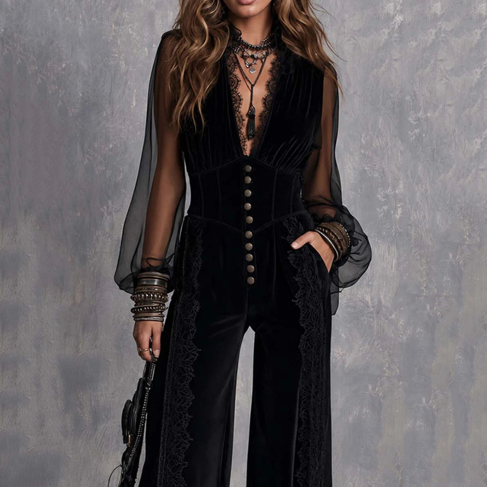 Women's Velvet Mesh Sheer Jumpsuit Gothic Sexy Deep V Neck Lace Trim Puff Sleeve High Waist Slim Straight Vintage Elegant Romper