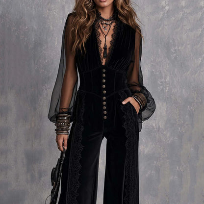 Women's Velvet Mesh Sheer Jumpsuit Gothic Sexy Deep V Neck Lace Trim Puff Sleeve High Waist Slim Straight Vintage Elegant Romper