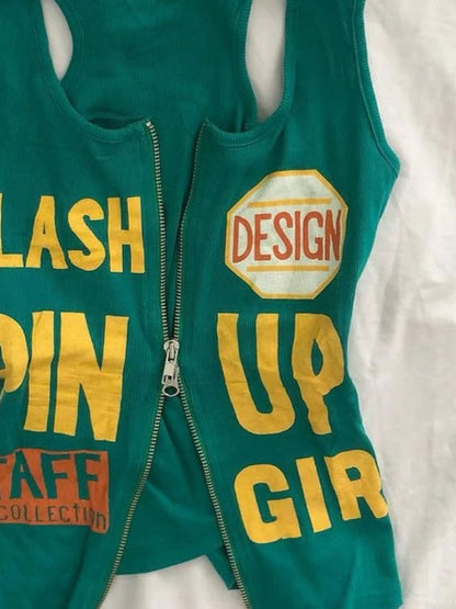 Y2k Aesthetic Letter Print Casual Tank Top Summer Women Streetwear Slim Fit Vest Harajuku Grunge Vintage Dual Zippers Camisole