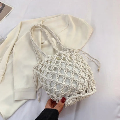 Summer Beach Bag For Women Mesh Rope Knitted Bucket Shoulder Bags  Reticulate Hollow Travel Shopper Totes Ladies Fashion Handbag