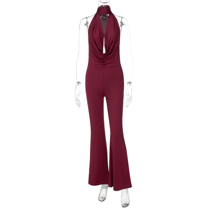 Dulzura Summer Solid Sexy Halter Swinging Collar Backless Slim Lace Up Flared Jumpsuit Women'S Fashion Elegant Party Club Romper