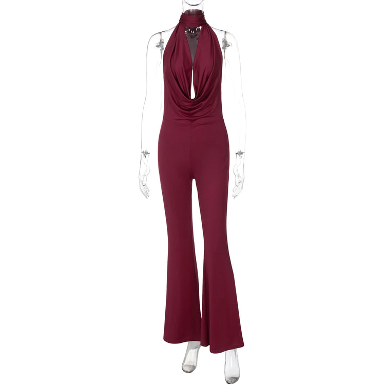 Dulzura Summer Solid Sexy Halter Swinging Collar Backless Slim Lace Up Flared Jumpsuit Women'S Fashion Elegant Party Club Romper