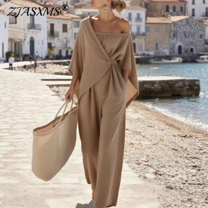 Elegant New Off Shoulder Hollow Jumpsuits Woman Batwing Sleeve Wrap Tie Waist Romper Spring Casual Solid Wide Leg Pants Overalls