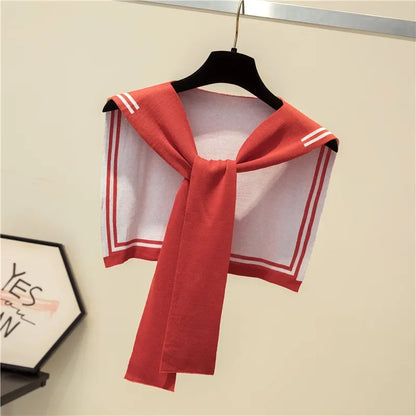 Korean College Navy Stripe Wool Knit Shoulder Cape Knotted Warm Overlapping Shawl Women Summer Neck Scarf T56