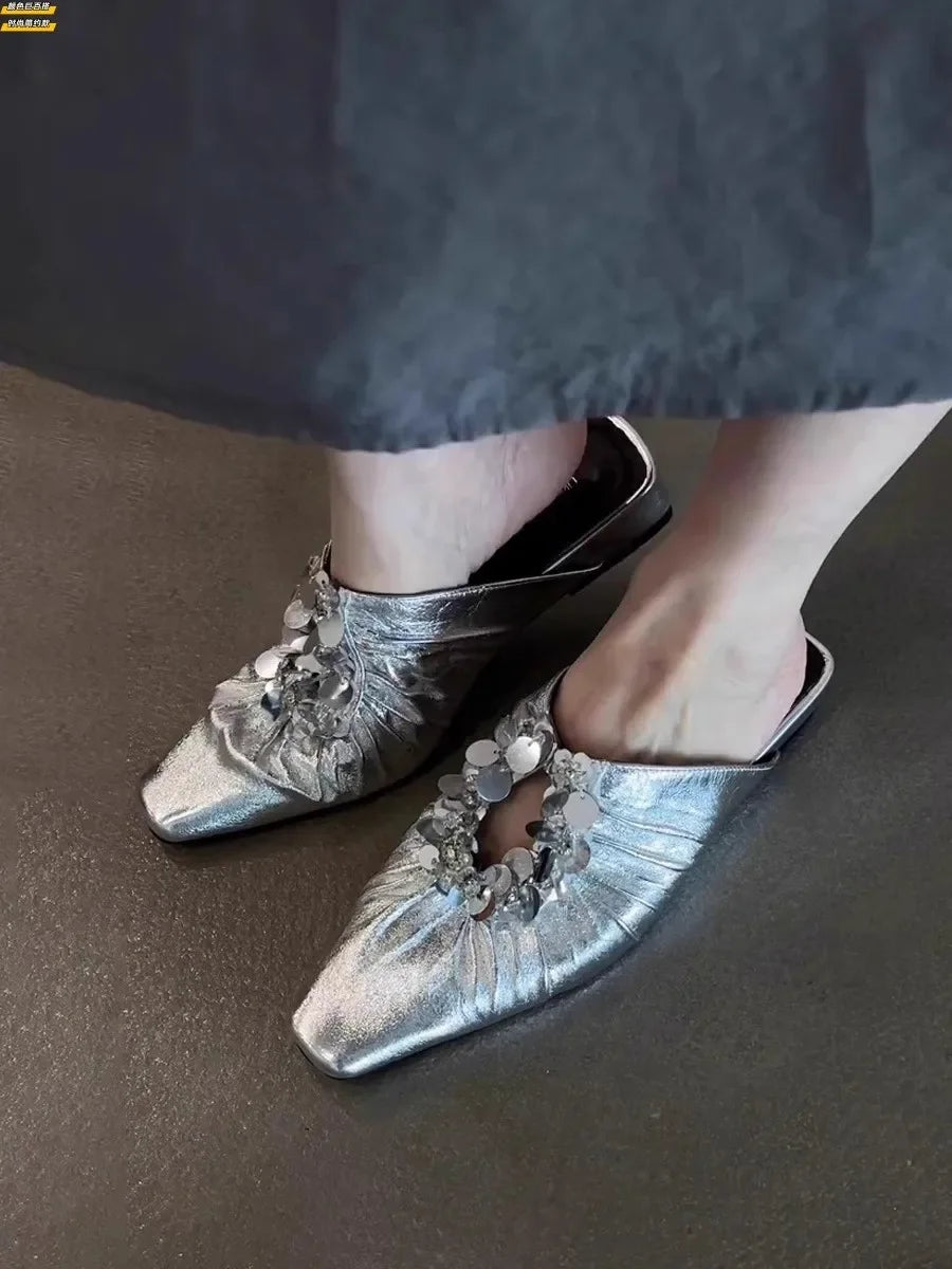Women Mules Shoes Bling Flats Square Toe Slippers Elegant New 2025 Summer Sandals Dress Party Luxury Woman Slingback Shoes Mujer