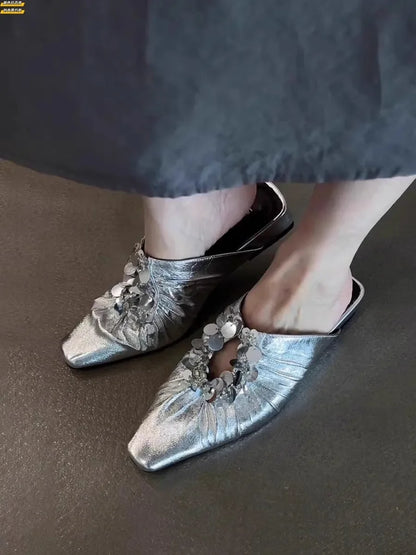 Women Mules Shoes Bling Flats Square Toe Slippers Elegant New 2025 Summer Sandals Dress Party Luxury Woman Slingback Shoes Mujer