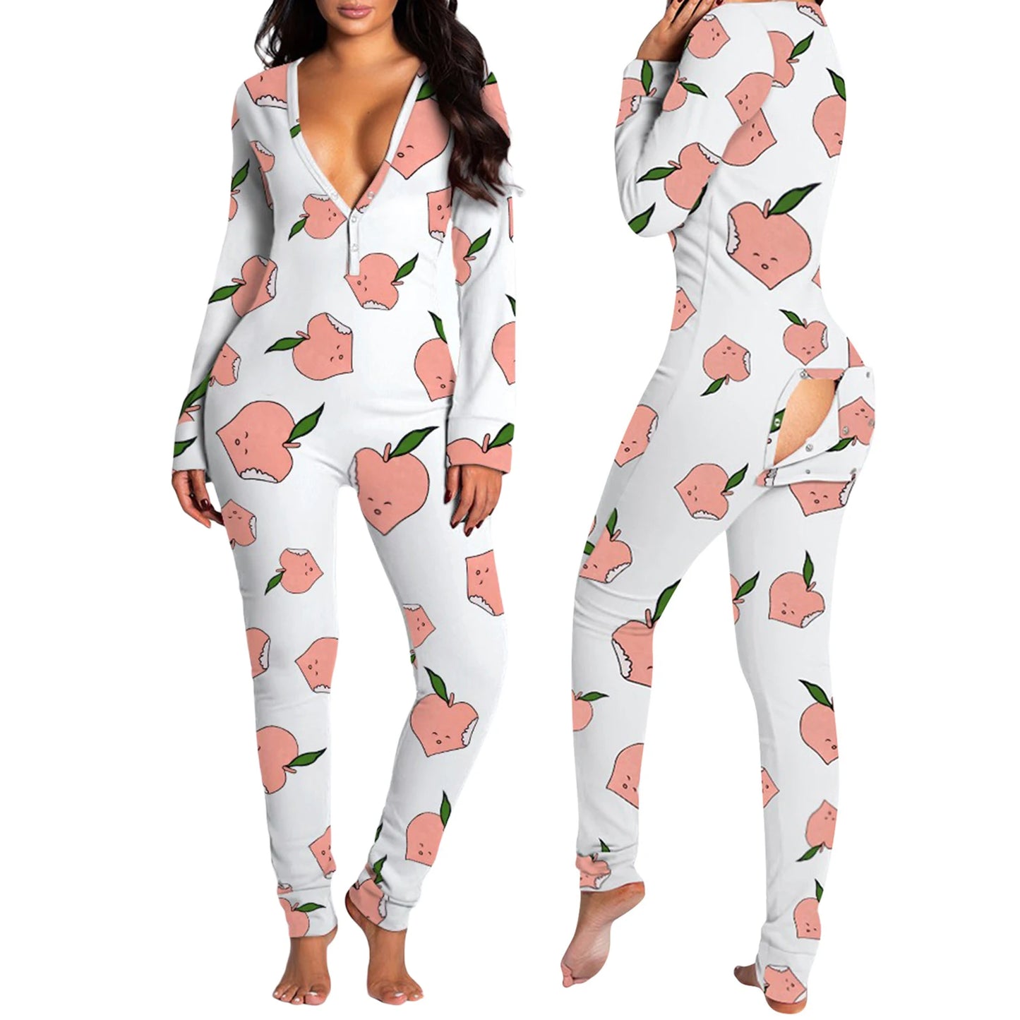 Combhasaki Women Sleeping Rompers Pajamas  Long Sleeve V-Neck Printed Slim Detachable Crotch Elastic Homewear Jumpsuits