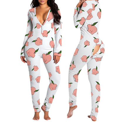 Combhasaki Women Sleeping Rompers Pajamas  Long Sleeve V-Neck Printed Slim Detachable Crotch Elastic Homewear Jumpsuits