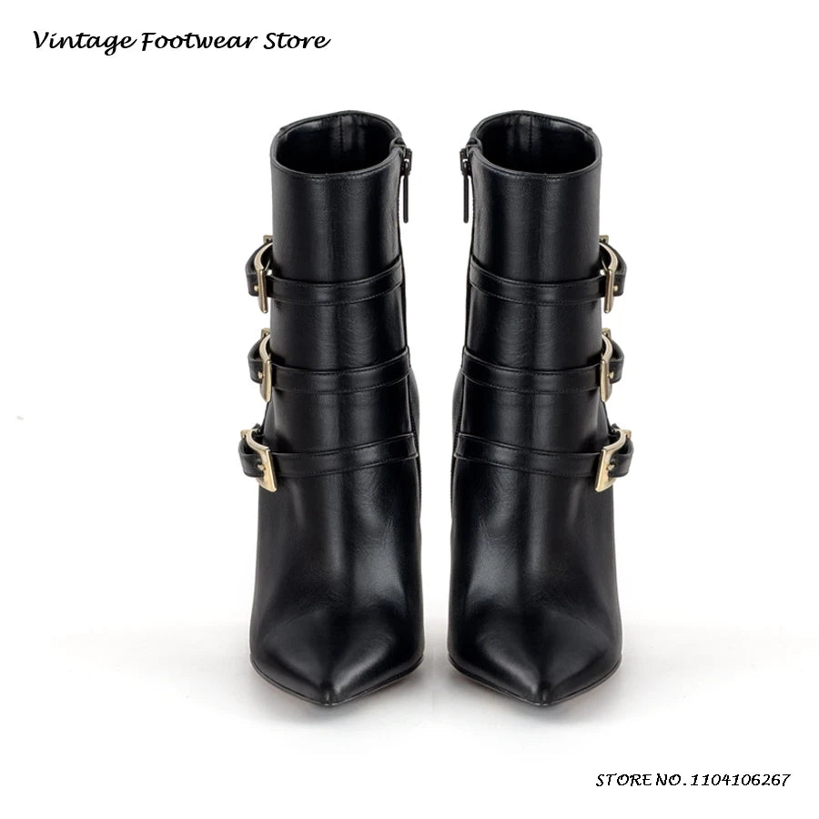 Triple Belt Buckle Leather Ankle Boots Sexy Pointed Toe 12cm High Stilleto Booties Women's Spring Autumn Side Zip Modern Boots