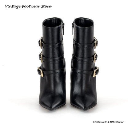 Triple Belt Buckle Leather Ankle Boots Sexy Pointed Toe 12cm High Stilleto Booties Women's Spring Autumn Side Zip Modern Boots