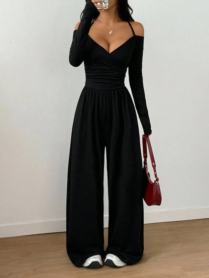 Jumpsuits Women One Piece Full Sleeve Off Shoulder Halter Lace Up Wide Leg Long Pants Solid Y2k Streetwear Jumpsuit Work 2026