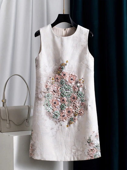 Unique Blue Heavy Beaded Rhinestone Crew Neck Sleeveless A-Line Tank Dress for Women Fall Party Cocktail Evening Luxury Chic