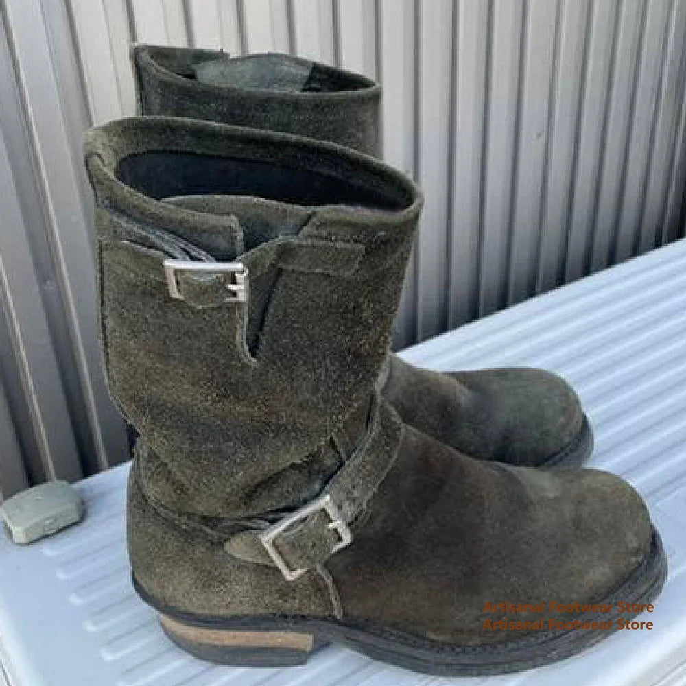 Dark Green Suede Men's Boots Thick Heeled Buckle Strap Motorcycle Boots Knight Boots British Style Trendy Handmade Men's Boots