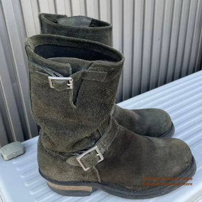 Dark Green Suede Men's Boots Thick Heeled Buckle Strap Motorcycle Boots Knight Boots British Style Trendy Handmade Men's Boots