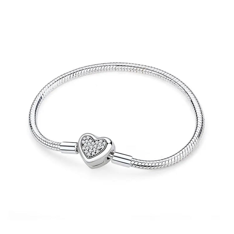 Original 925 Sterling Silver Bracelets Bangles Love Heart Clip Charms Beads Snake Chains For Women Rose Gold DIY Luxury Jewelry