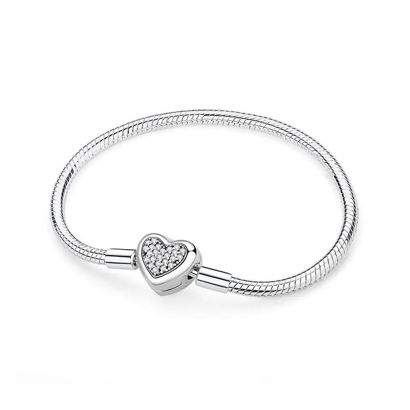 Original 925 Sterling Silver Bracelets Bangles Love Heart Clip Charms Beads Snake Chains For Women Rose Gold DIY Luxury Jewelry