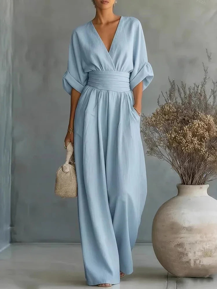 Women Elegant Linen V Neck Short Sleeve Jumpsuit Waist Cinched Wide Leg Long Pants Rompers with Pockets Casual Ladies Overalls