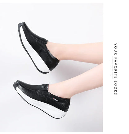 Women Flats Platform Loafers Ladies Elegant Genuine Leather Moccasins Shoes Woman Spring Round Toe Slip On Casual Women's Shoes